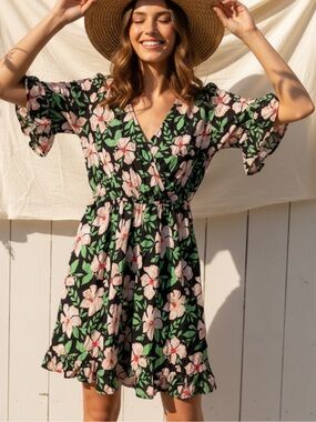 NWT Flutter Sleeve Floral Mini Dress in Black with Pink & Green